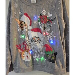 Freeze Sweatshirt Christmas Cats Light Up Size Junior M 7/9 Gray Snowflakes